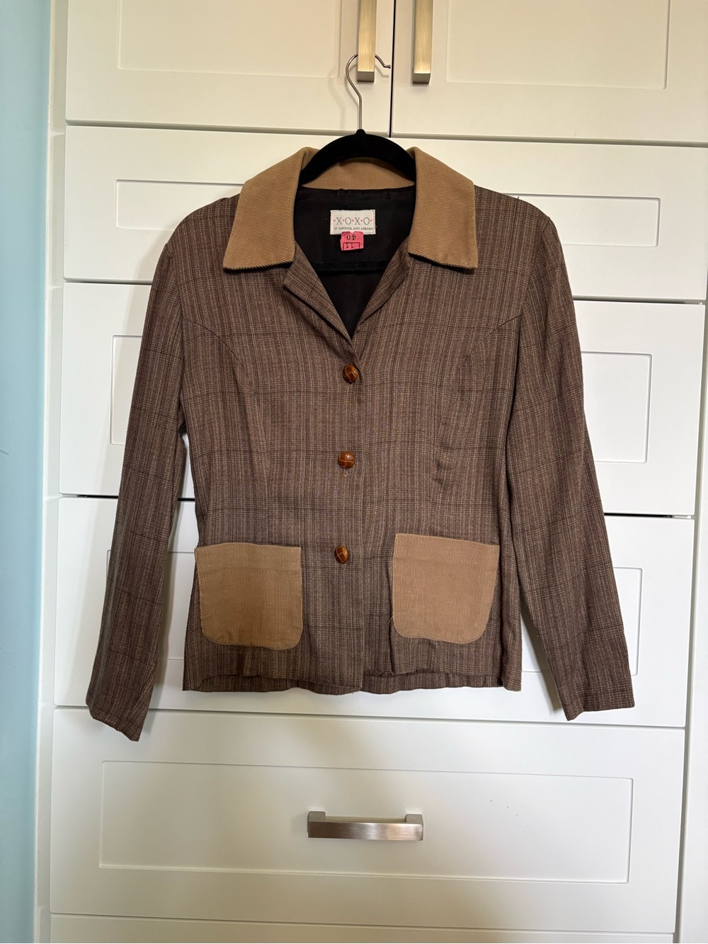 XOXO Brown Plaid Jacket with Tan Corduroy Trim